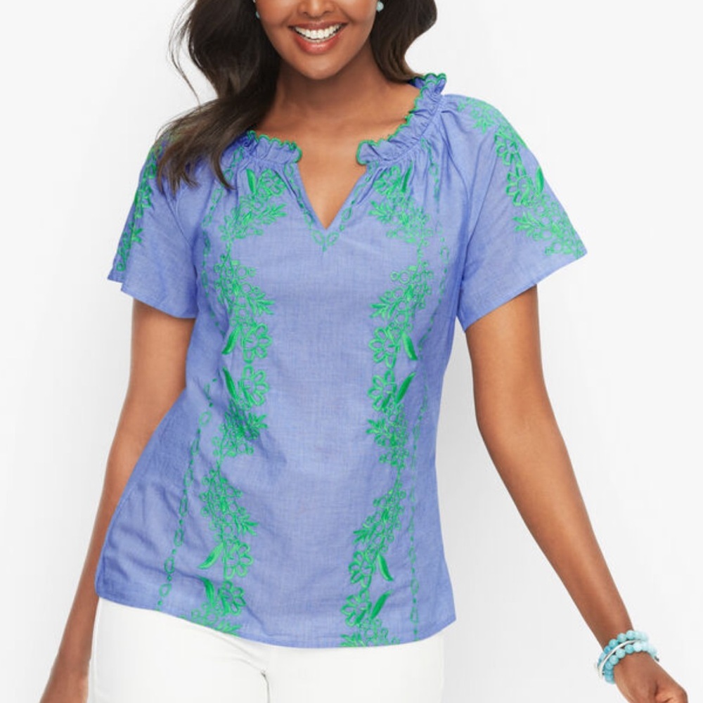 Talbots‎ Blue FLORAL EMBROIDERED TOP S